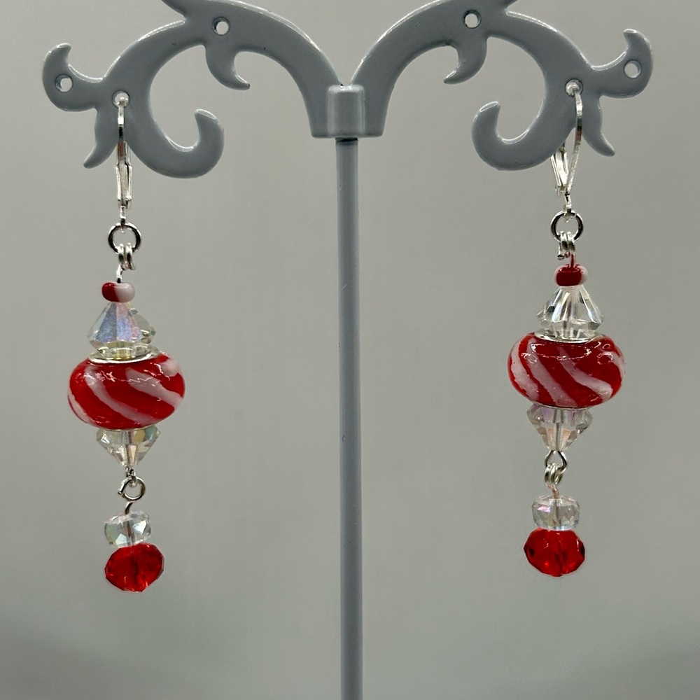 Art Glass Handmade Red and Silver Dangle Earrings